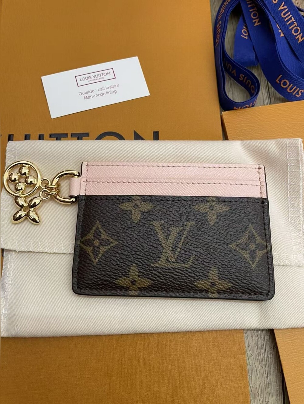 Louis Vuitton Monogram Card Holder with Pink Trim and Gold Charm Keyring